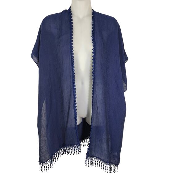 Steve Madden Cover Up Sheer Lace Inset Blue Kimono One Size Fringe Beach Swim - Picture 1 of 12